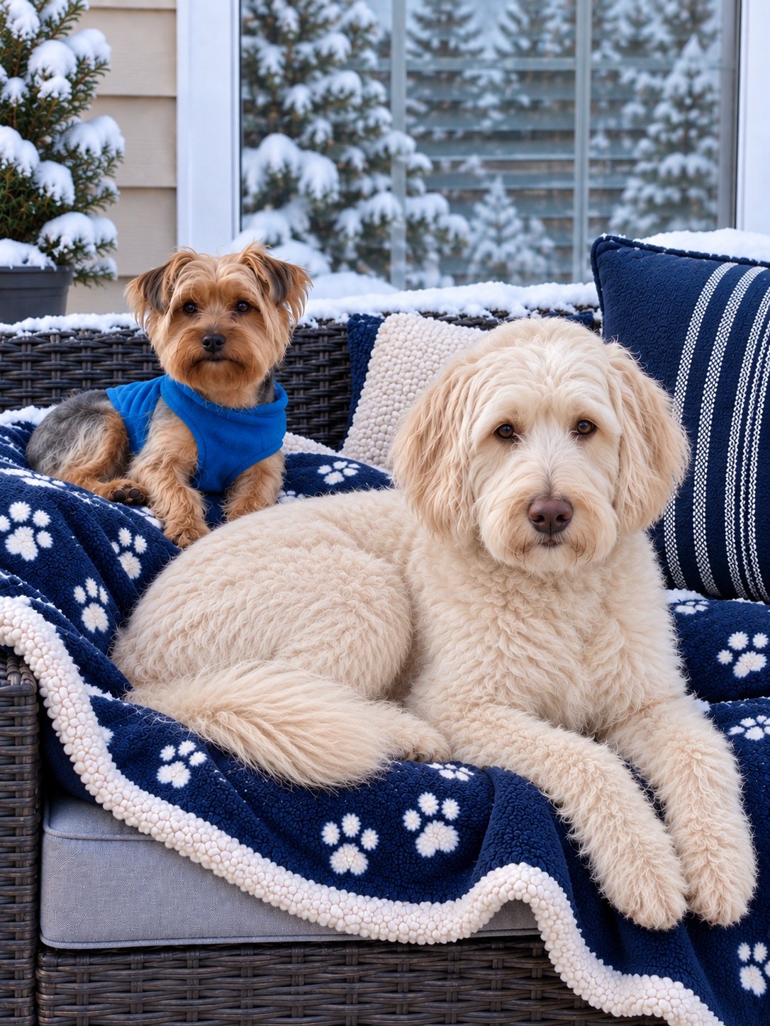 Ellie and Belle, EL-BEL's namesake dogs, on a snow-dusted porch